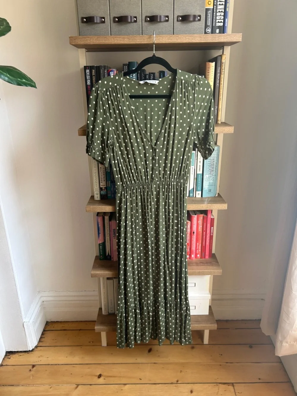 Zara Midi Olive Green Polka Dot Dress - Picture 2 of 6